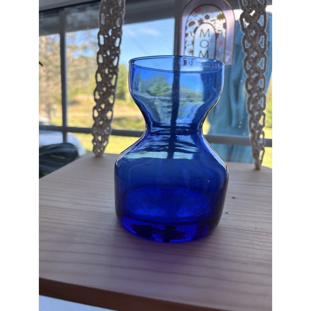Vintage Cobalt Blue Glass hourglass Cylinder Bud Vase approx 5-6'' tall